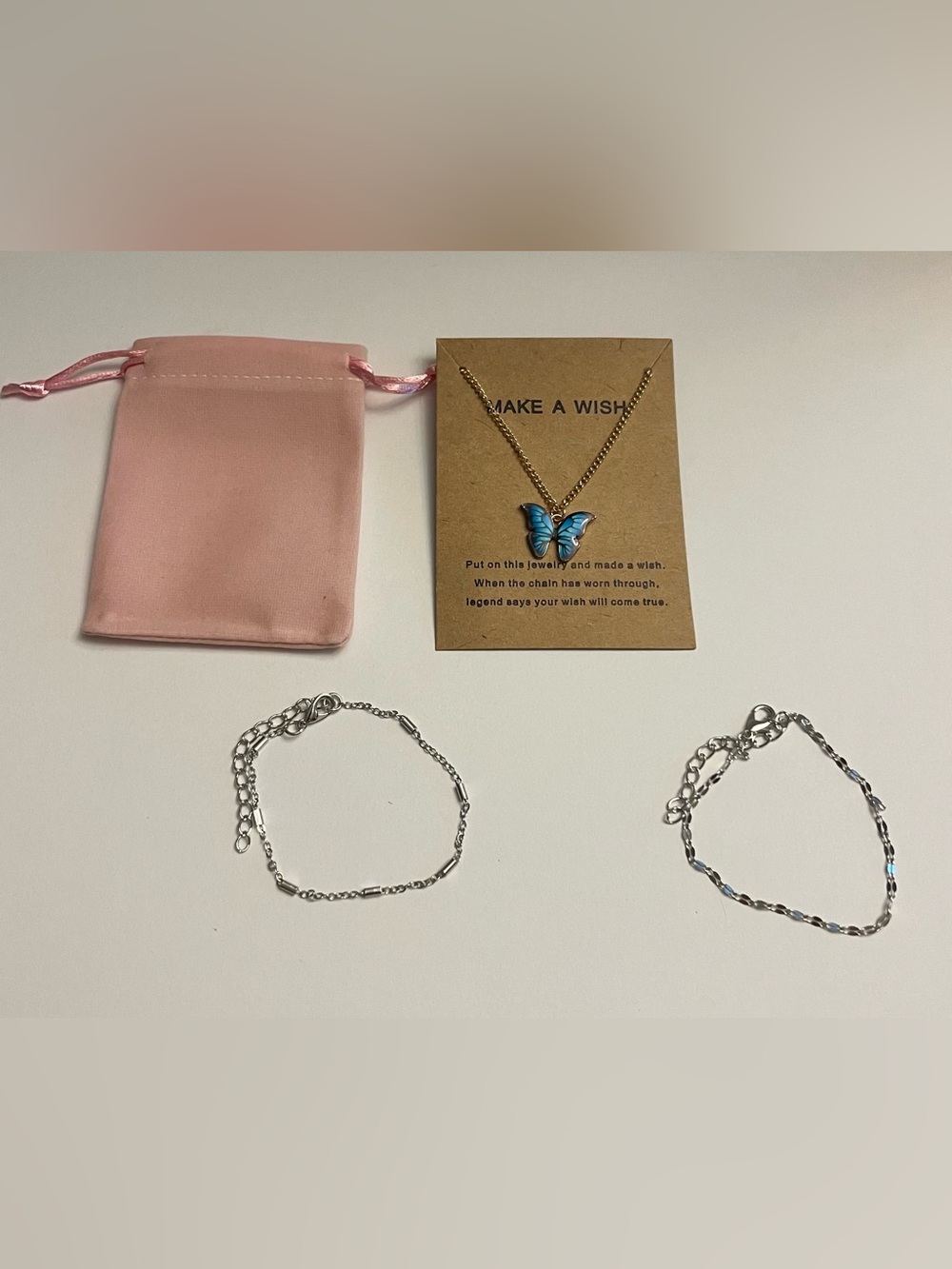 Blue Butterfly Pendant Necklace with Silver Bracelets